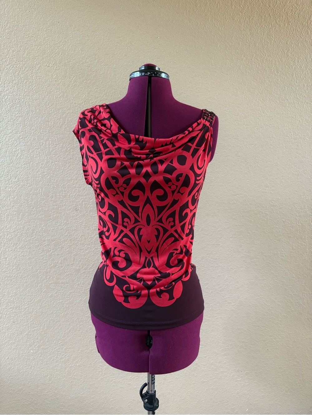 Red and Black Patterned Cowl Neck Top
